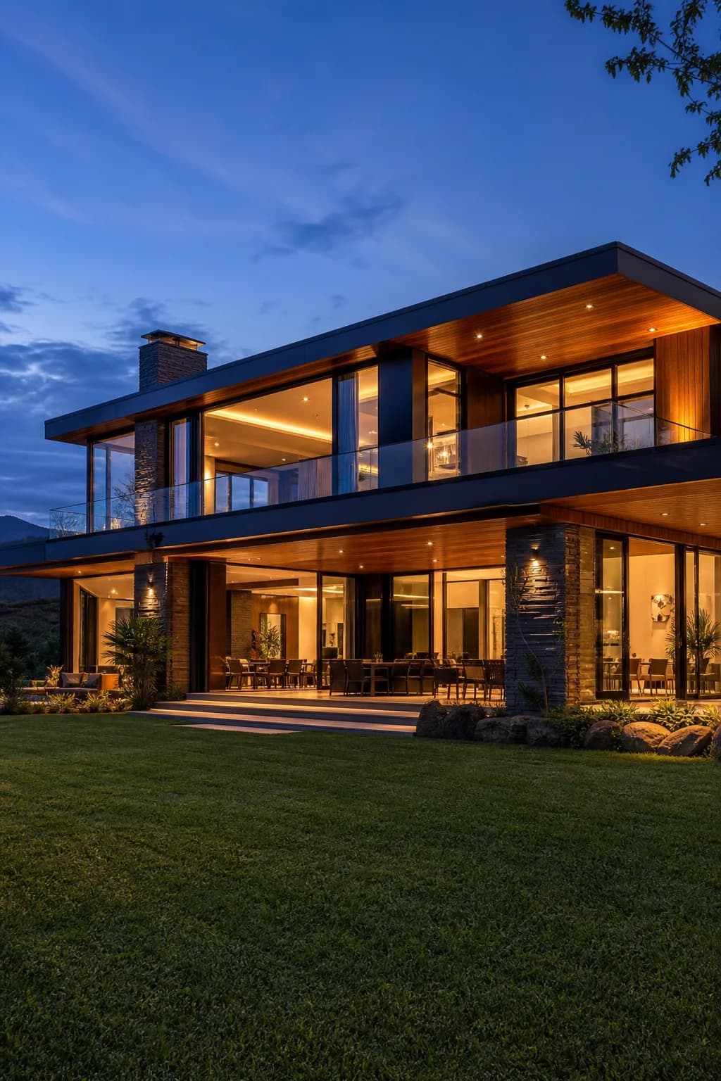 Modern villa exterior at dusk with warm interior lights in Eswatini