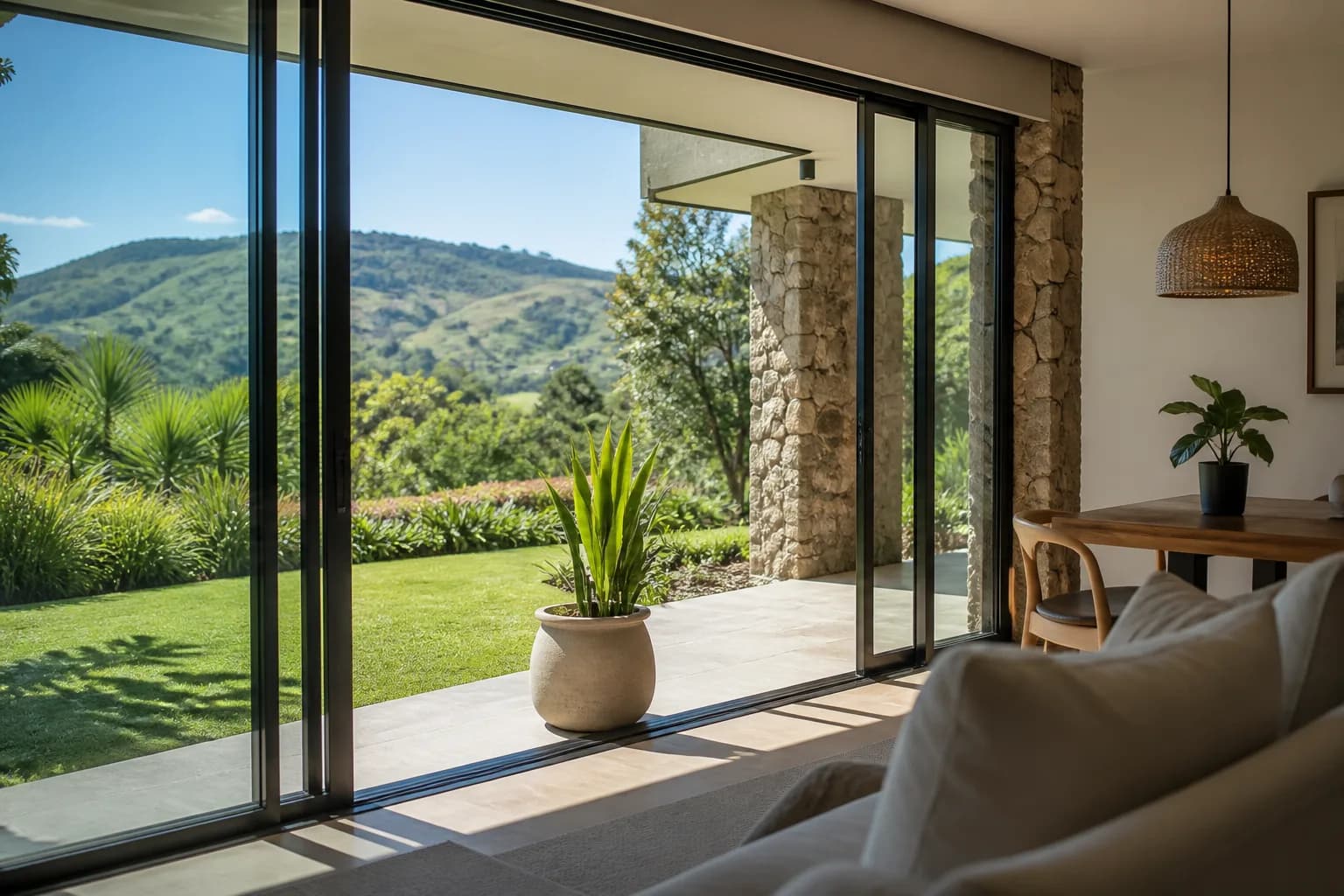 Bright architectural interior looking out to garden and hills in Eswatini daylight